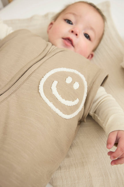 Meyco Baby Slub Con Applique Sorriso Sacco Nanna Con Maniche Rimovibili Taupe/Offwhite