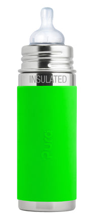 Bottiglia thermos Pura in acciaio inox da 260 ml + tettarella in silicone a flusso medio + tappo da viaggio in silicone + custodia verde