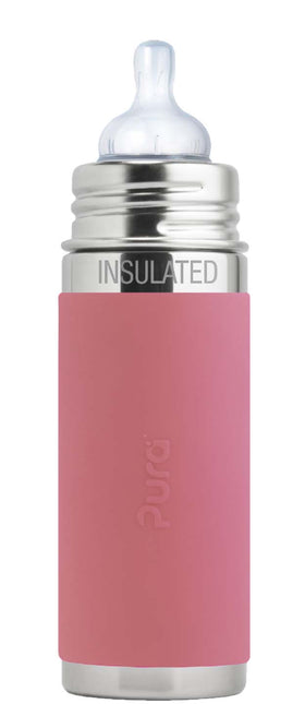 Bottiglia thermos Pura in acciaio inox da 260 ml + tettarella in silicone a flusso medio + tappo da viaggio in silicone + custodia rosa