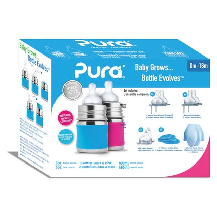 Set di supporti per biberon Pura 150Ml Aqua/Rosa 12 pezzi