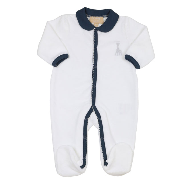 Sophie the Giraffe Boxersuit in velluto a costine bianco con colletto decorativo blu