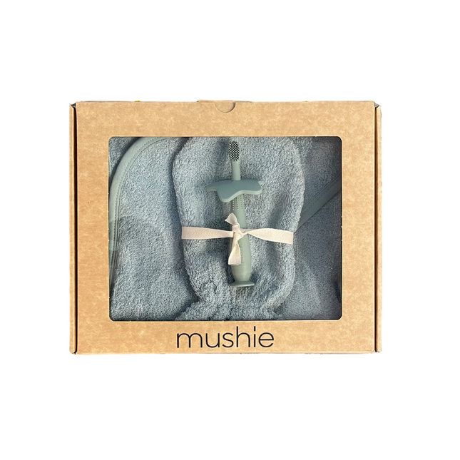 Scatola regalo Mushie Bath Time Moss 3 pezzi