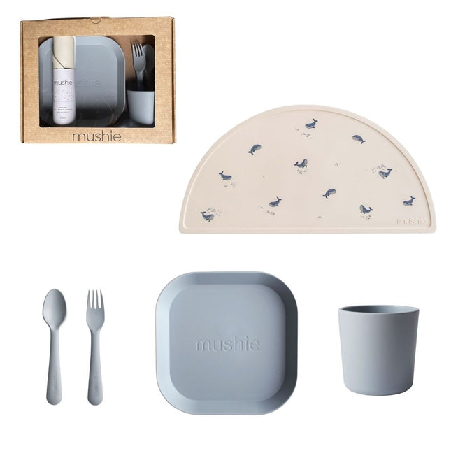 Set di stoviglie per bambini Mushie Giftbox Square Cloud