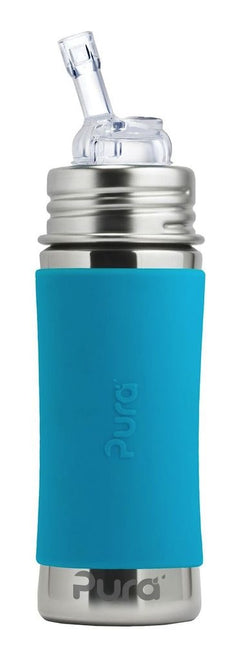 Pura Baby Bottle Straw Acciaio Inox 325Ml Set Aqua 4 pezzi